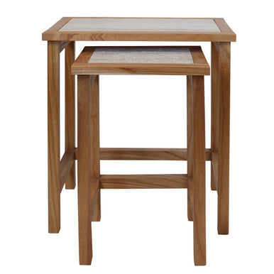 Womad Large Set Of 2 Wooden Side Tables With Travertine Tops