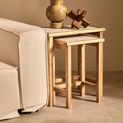 Set of 2 Cream Travertine Top Large Nesting Console Tables with Natural Acacia Wood Frames | Womad