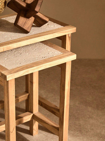 Set of 2 Cream Travertine Top Large Nesting Console Tables with Natural Acacia Wood Frames | Womad