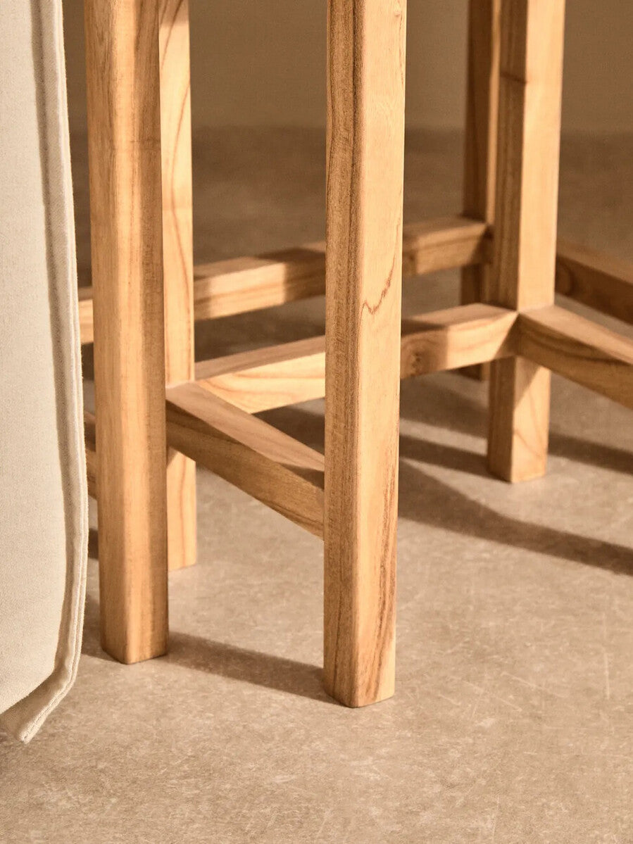 Set of 2 Cream Travertine Top Large Nesting Console Tables with Natural Acacia Wood Frames | Womad