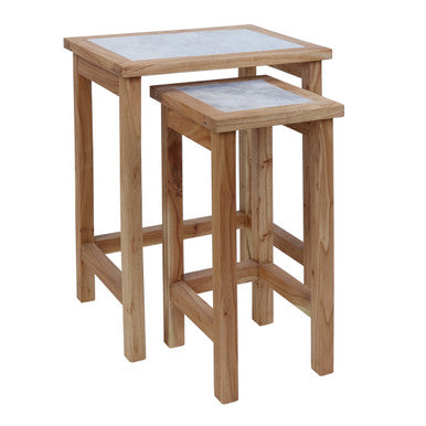 Womad Small Set Of 2 Wooden Side Tables With White Marble Tops