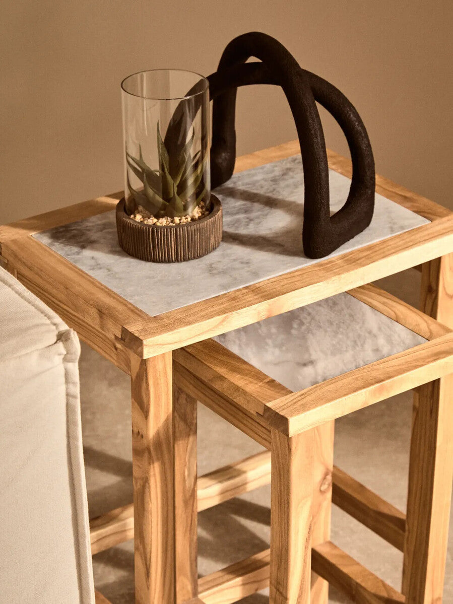 Set of 2 Small White Marble Top Nesting Side Tables with Natural Wood Frames | Womad