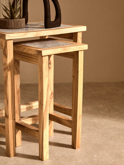 Set of 2 Small White Marble Top Nesting Side Tables with Natural Wood Frames | Womad