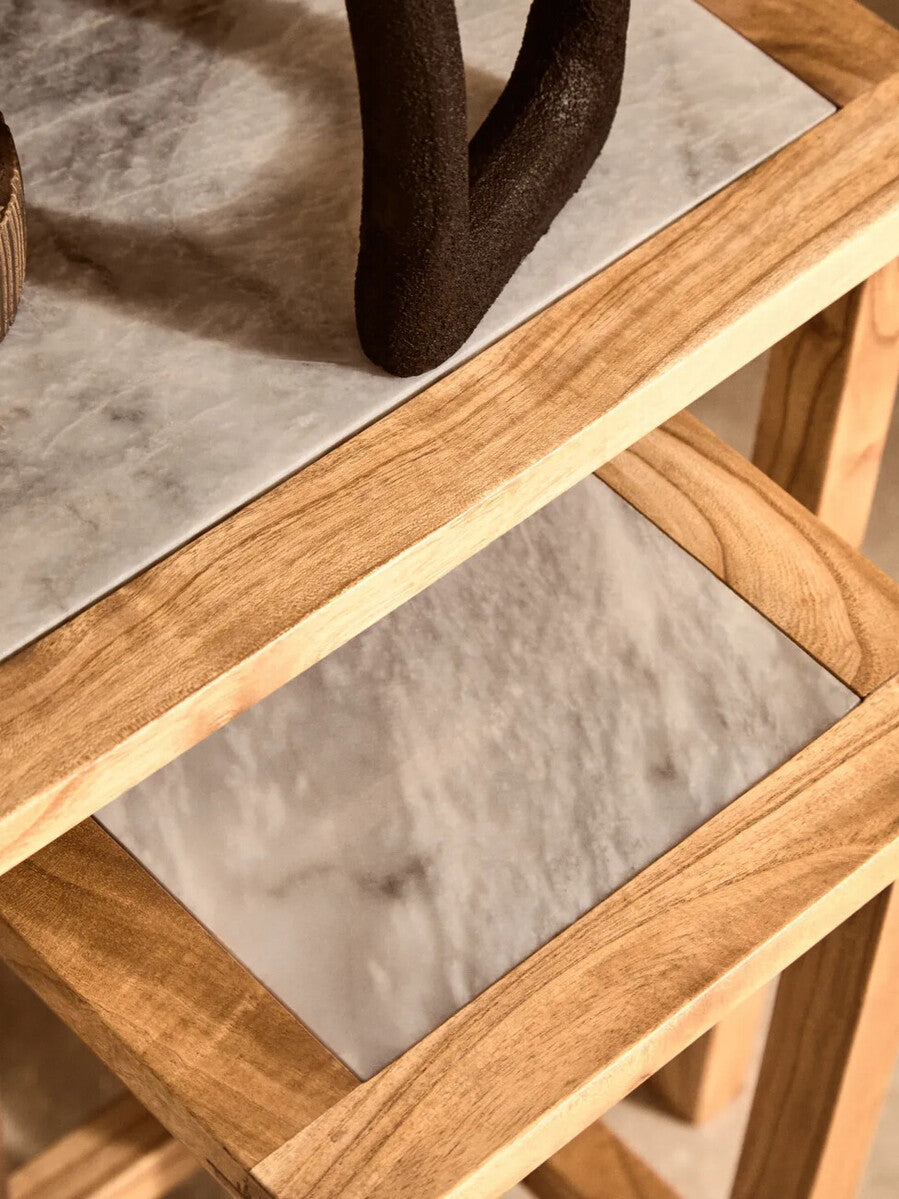Set of 2 Small White Marble Top Nesting Side Tables with Natural Wood Frames | Womad