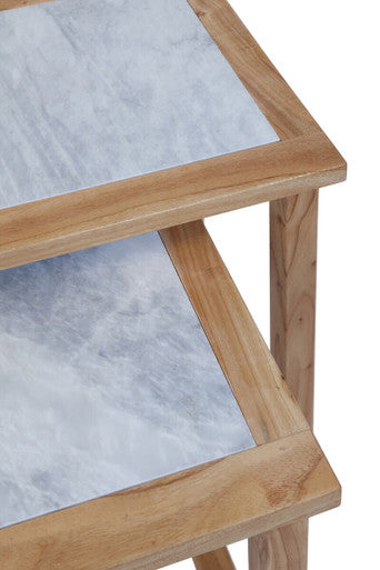 Womad Small Set Of 2 Wooden Side Tables With White Marble Tops