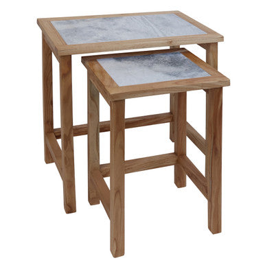 Womad Large Set Of 2 Wooden Side Tables With White Marble Tops