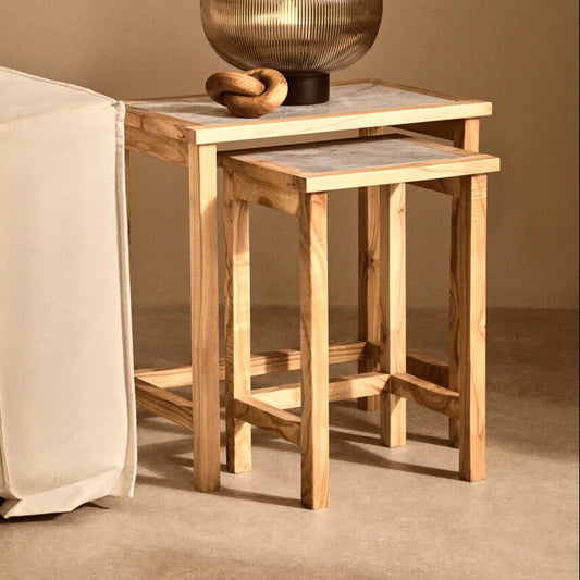 Womad Large Set Of 2 Wooden Side Tables With White Marble Tops