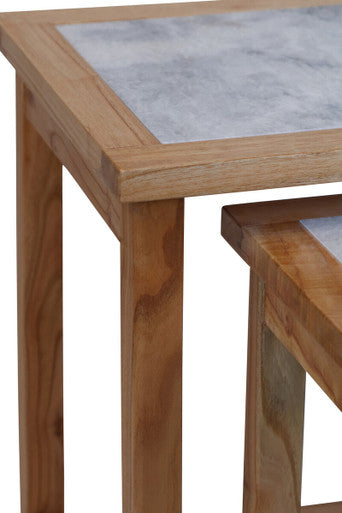 Womad Large Set Of 2 Wooden Side Tables With White Marble Tops
