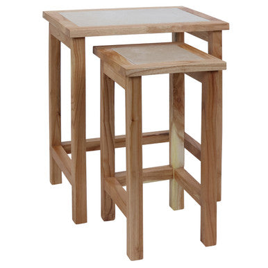 Womad Small Set Of 2 Wooden Side Tables With Cream Marble Tops
