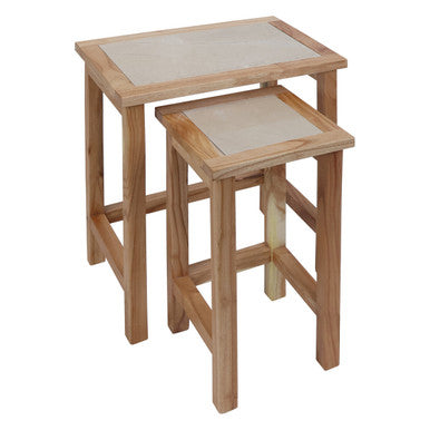 Womad Small Set Of 2 Wooden Side Tables With Cream Marble Tops
