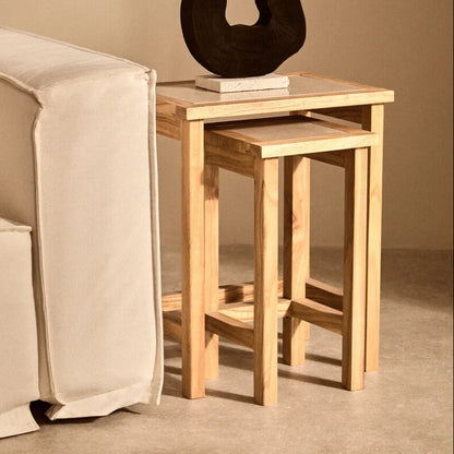 Set of 2 Small Cream Marble Top Nesting Side Tables with Natural Wood Frames | Womad