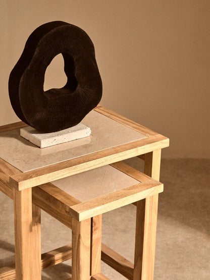 Set of 2 Small Cream Marble Top Nesting Side Tables with Natural Wood Frames | Womad