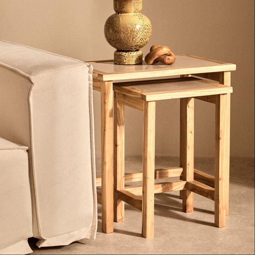 Set of 2 Large Cream Marble Top Nesting Side Tables with Natural Wood Frames | Womad