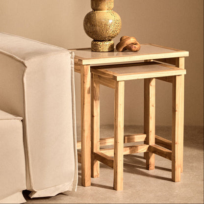 Set of 2 Large Cream Marble Top Nesting Side Tables with Natural Wood Frames | Womad