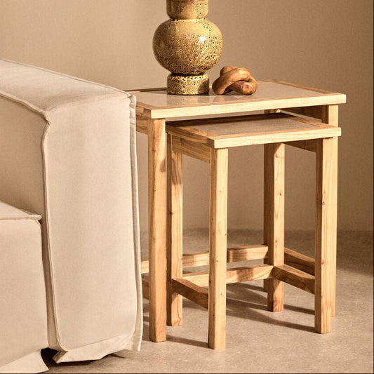 Set of 2 Large Cream Marble Top Nesting Side Tables with Natural Wood Frames | Womad