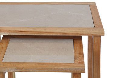Womad Large Set Of 2 Wooden Side Tables With Cream Marble Tops