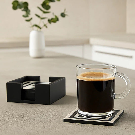 Donato Set of 4 Black and White Stripe Coasters with Holder
