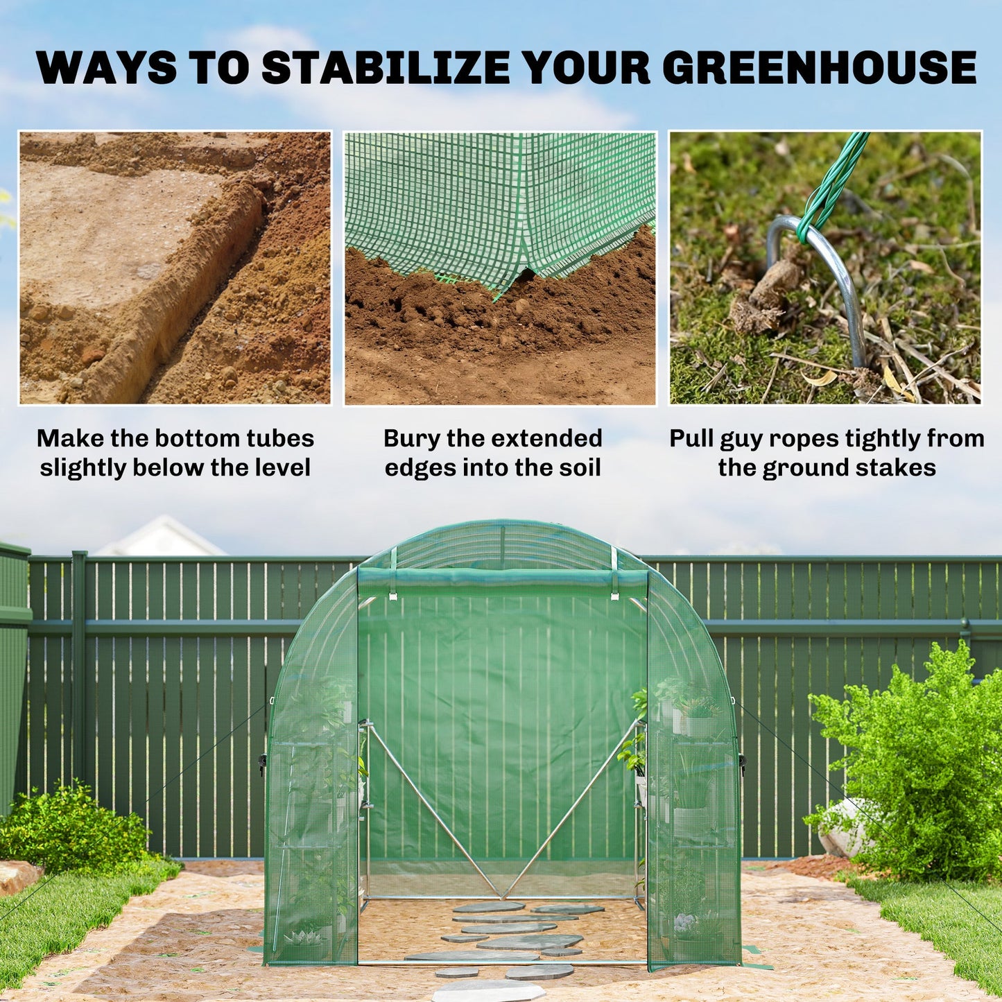 Outsunny Walk-in Greenhouse with Shelves, Polytunnel Greenhouse with Roll-Up Door, 6 Mesh Windows,198 x 275 x 191 cm, Green