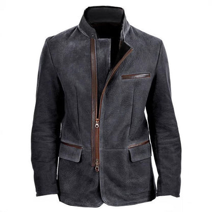 Vintage Jacket Men's Casual Coat Stand Collar Zipper Tooling Patchwork Top