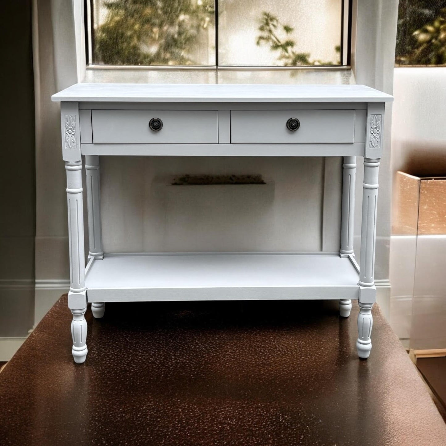 Modern and Stylish 2 Drawer Rectangular Console Table - Medium Wood Tone Finish for Sleek Hallway Side Table with Knob Handle Drawers for Home, Office, Bedrooms, or Living Spaces (Moonstruck Grey)