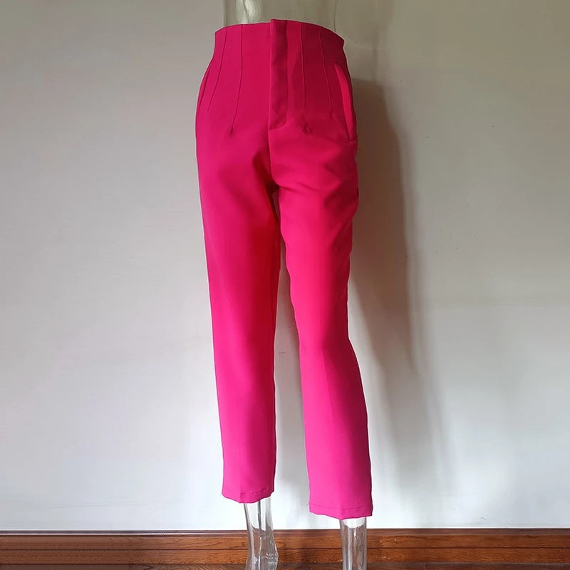 Pleated Casual High Waist Pure Color Slim-fit Basic Pants