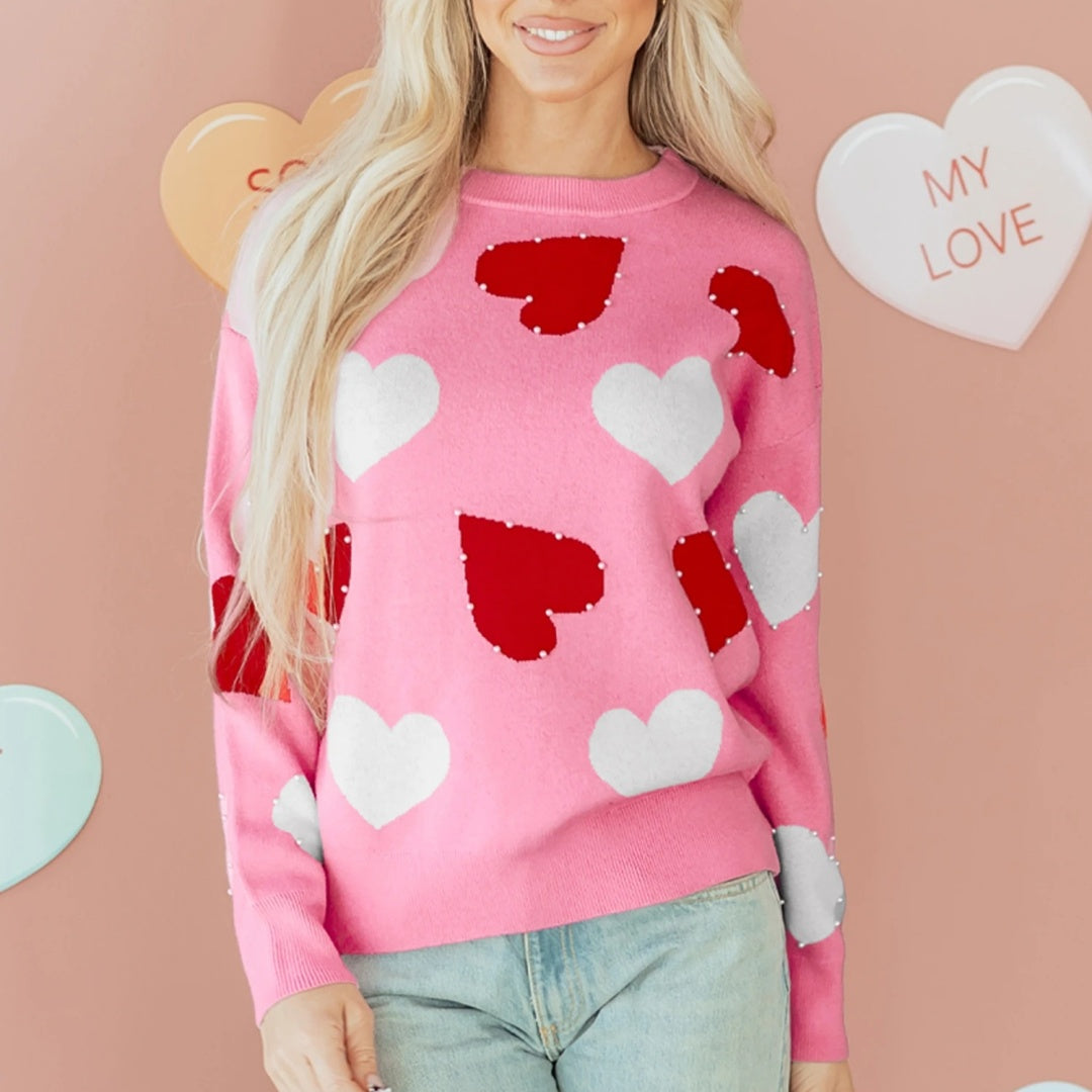 Women's Fashionable And Versatile Heart-Print Crew-Neck Knitted Top