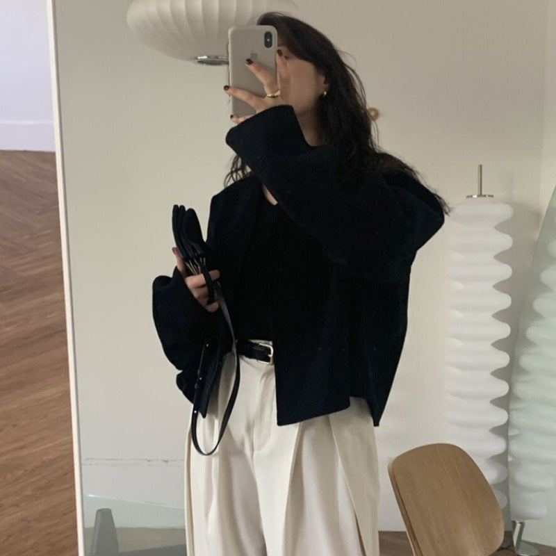 Stylish Graceful Simple Small V-neck Loose Woolen Coat