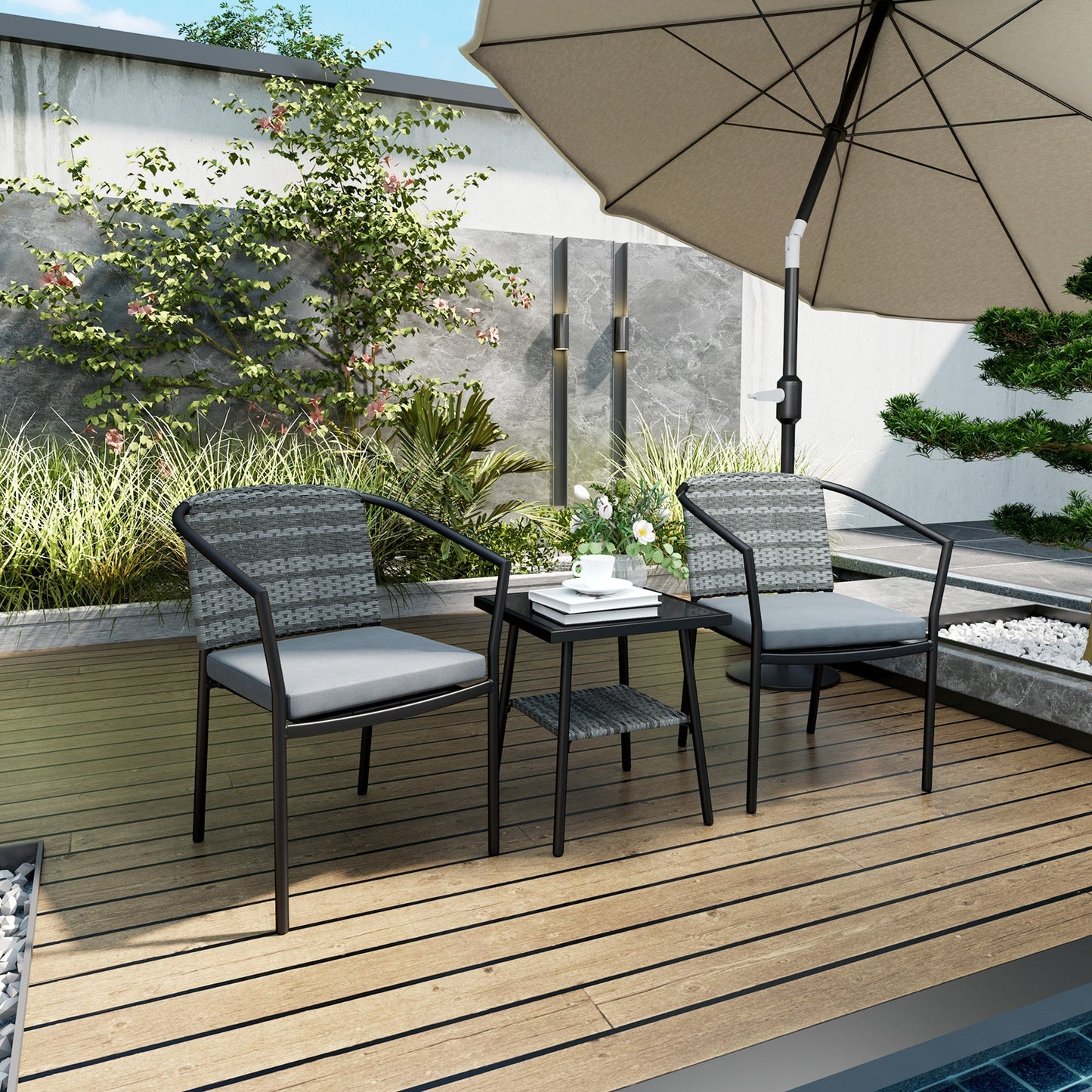 Outsunny 3 Pieces Rattan Bistro Set with Cushions, Wicker Garden Furniture Set, Glass Top Coffee Table and Chairs for Outdoor Patio, Balcony, Terrace and Conservatory, Grey