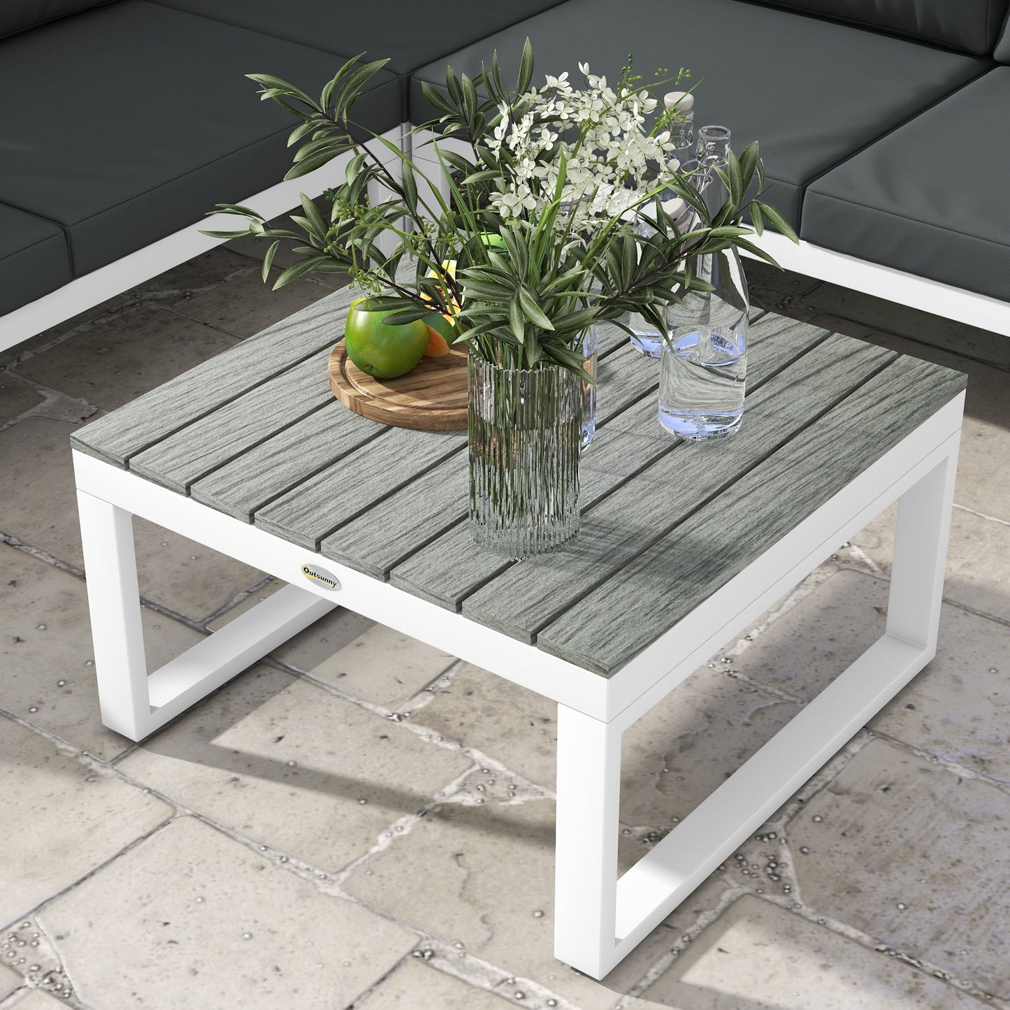Outsunny 4 Pieces Patio Garden Set with 5-Level Recline Corner Sofa, Outdoor Garden Lounge Sectional Conversation Sofa Set with Cushions, Wood Grain Plastic Table, White  Frame Grey Cushion