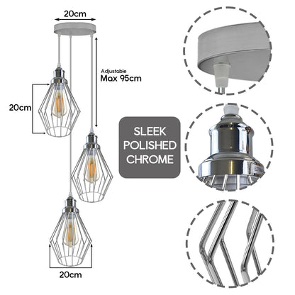 Chrome 3 Head Round Base Retro Vintage Loft Style Ceiling Lamp Shade