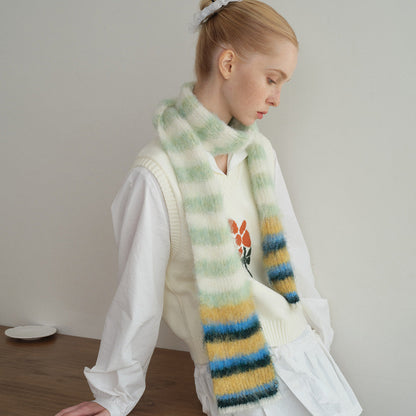 Contrast-color Striped Knit Women's Narrow Soft And Fluffy Wool Scarf