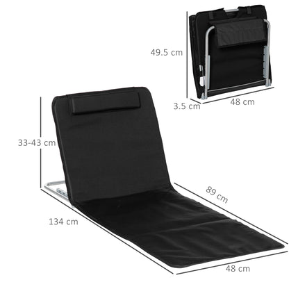 Outsunny Set of 2 Foldable Garden Beach Chair Mat Lightweight Outdoor Sun Lounger Seats Adjustable Back Metal Frame PE Fabric Head Pillow w/ Carry Bag, Black