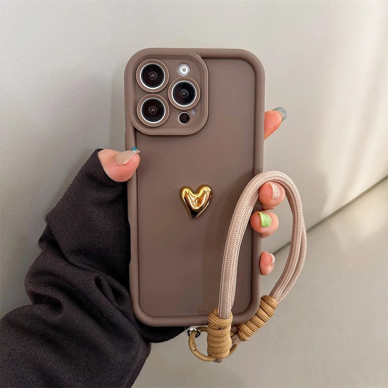 Silicone Phone Case With Lanyard Heart Design And Gold-plated Finish