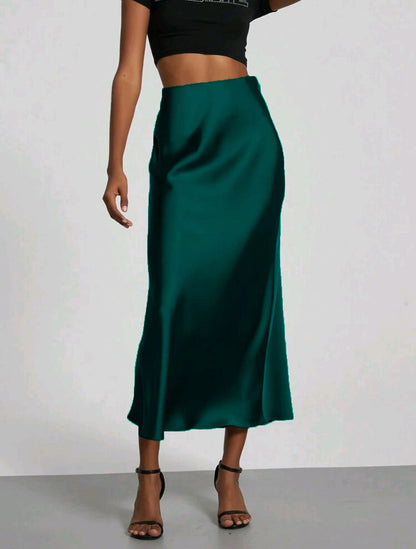 Women's Slim Fit Satin Skirt Fashion Chic Solid Long Skirt