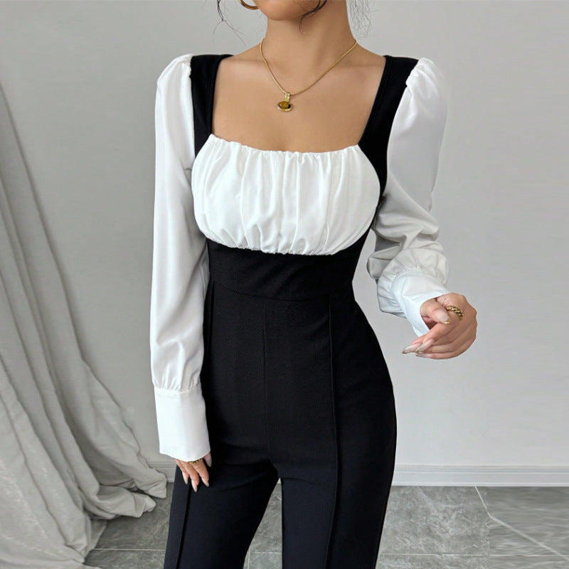 Long-sleeve Color-block Jumpsuit With Pants