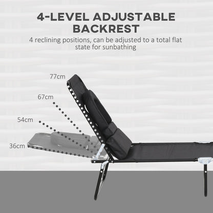 Outsunny Outdoor Foldable Sun Lounger Set of 2, 4 Level Adjustable Backrest Reclining Sun Lounger Chair with Pillow and Reading Hole, Black