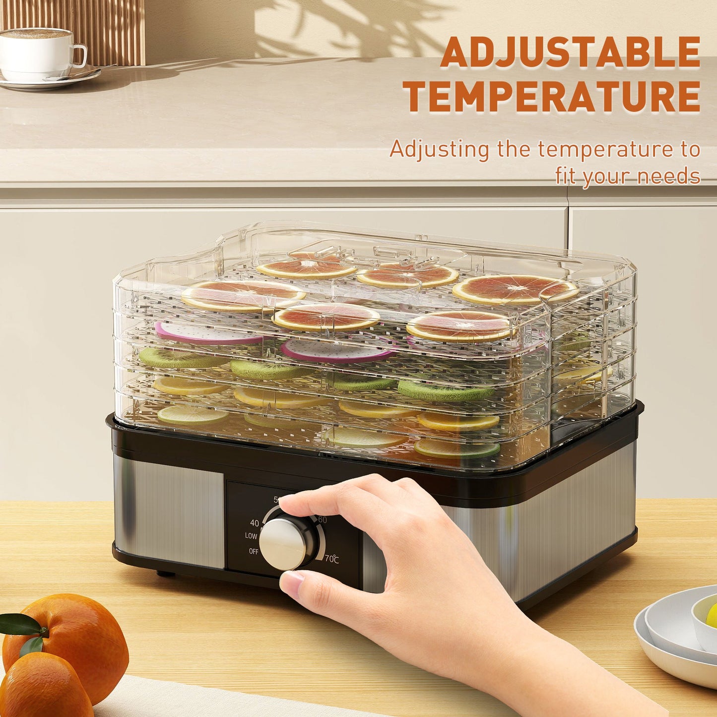HOMCOM 5 Tier Food Dehydrator, 245W Stainless Steel Food Dryer Machine with Adjustable Temperature for Drying Fruit, Meat, Vegetable, Jerky and Pet Treat, Black