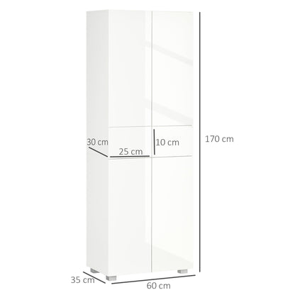 HOMCOM 4-Door Kitchen Cupboard, Freestanding 5-Tier Storage Cabinet with 3 Adjustable Shelves, 2 Drawers for Living Room, Dining Room, Push to Open Design, High Gloss White