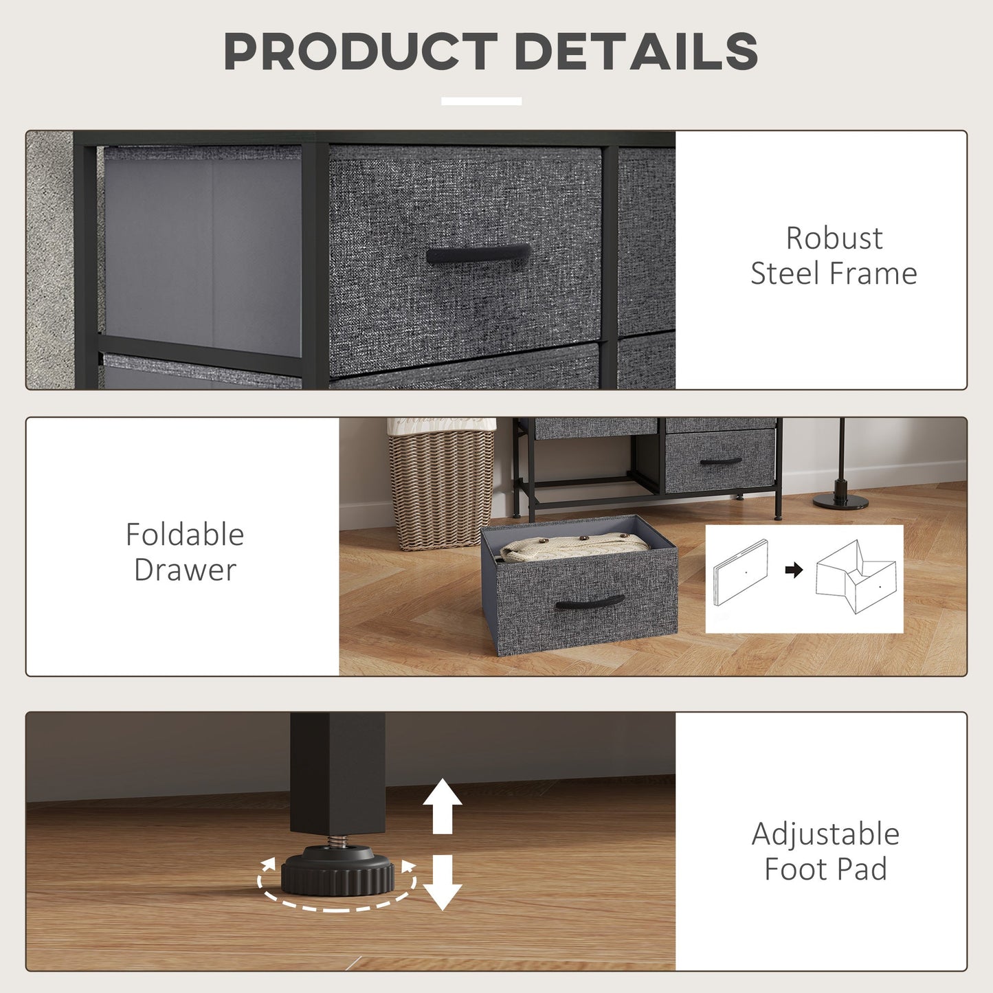 HOMCOM Fabric Chest of Drawers, Storage Drawers, Industrial Bedroom Dresser with 6 Fabric Drawers, Steel Frame and Wooden Top for Nursery, Living Room, Hallway, Black