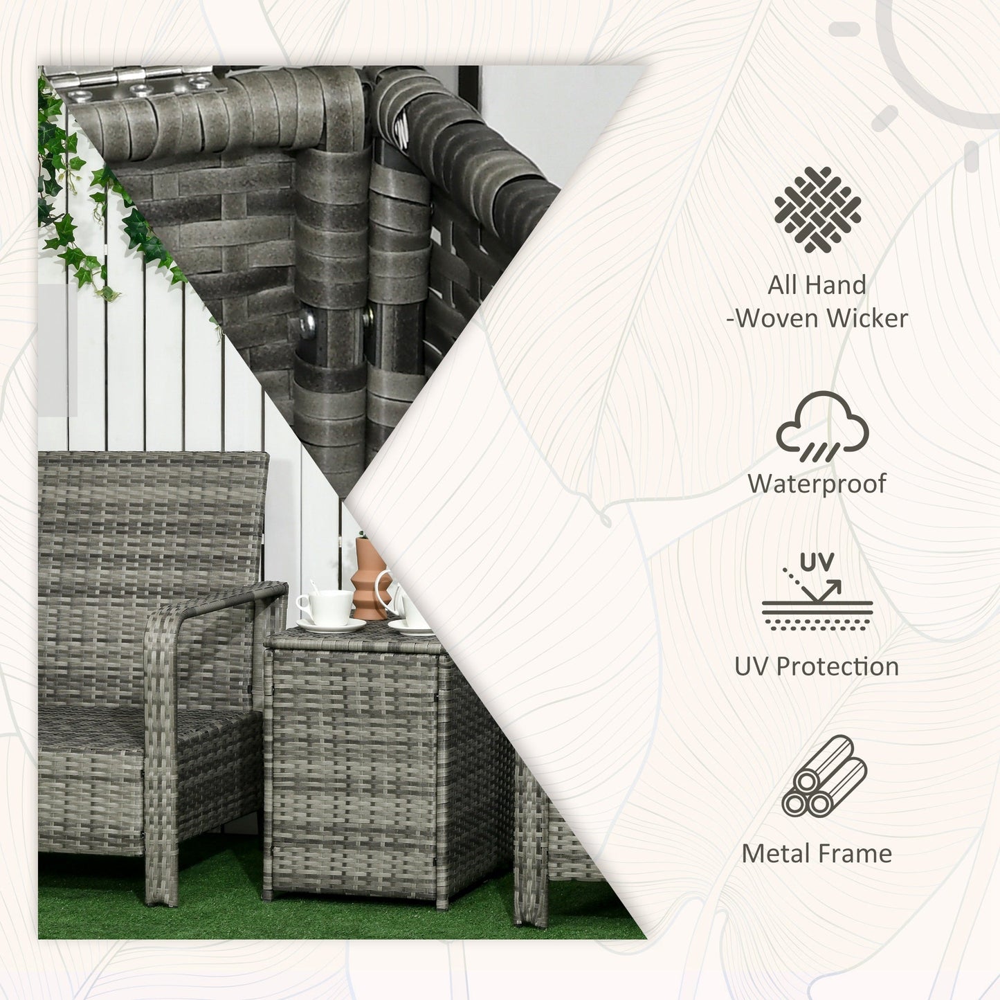 Outsunny 3 Pieces Rattan Bistro Set, Wicker Garden Furniture Set with Storage  Coffee Table and Chairs, Thickened Cushions for Outdoor, Patio, Balcony, Orange