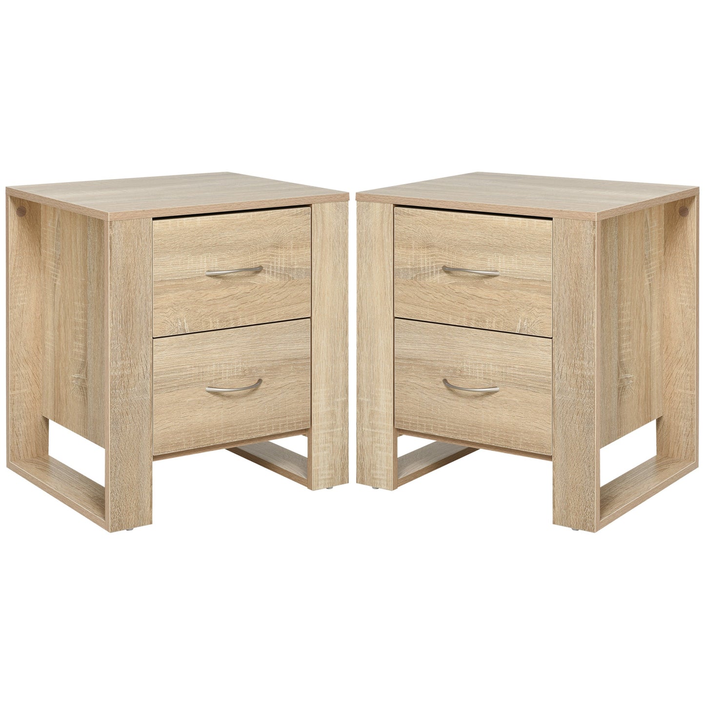 HOMCOM Bedside Table with 2 Drawers, Nightstand with Handles and Elevated Base, Side Table for Bedroom, Living Room, Set of 2, Brown
