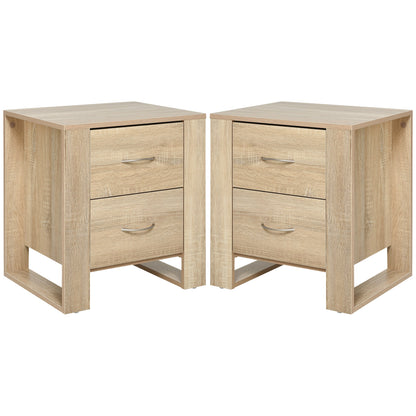 HOMCOM Bedside Table with 2 Drawers, Nightstand with Handles and Elevated Base, Side Table for Bedroom, Living Room, Set of 2, Brown