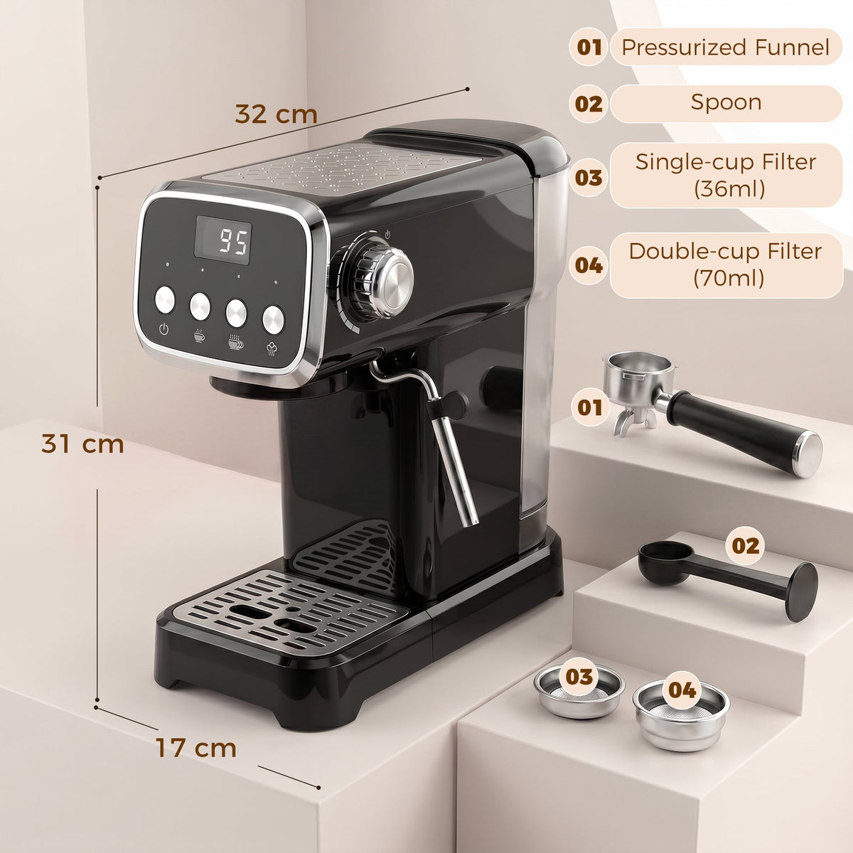 HOMCOM Espresso Machine, 20-Bar Cappuccino Coffee Maker with Frother Wand, 1.2 L Water Tank, Black