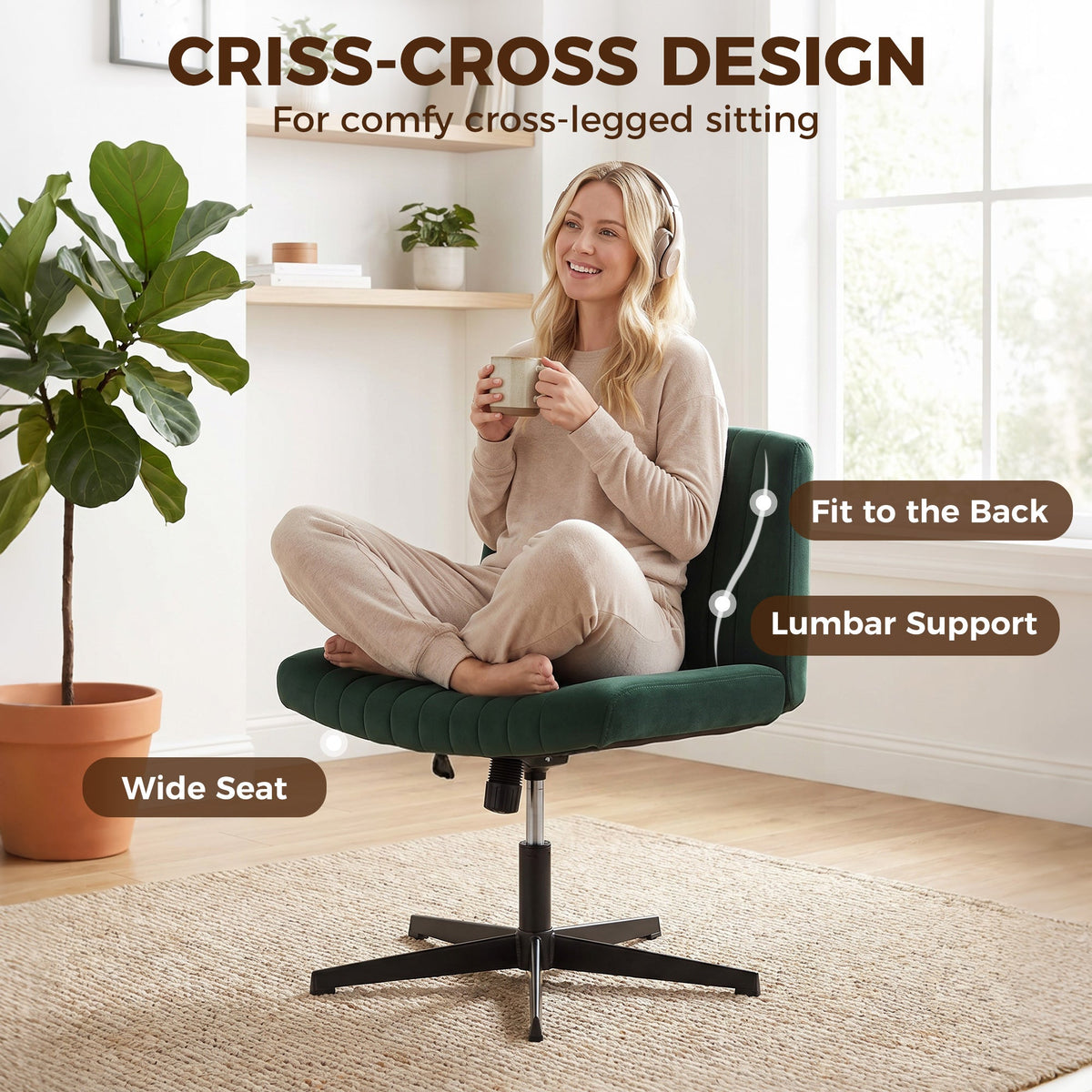 HOMCOM Flannel Criss Cross Legged Desk Chair, Armless Office Chair No Wheels, Green