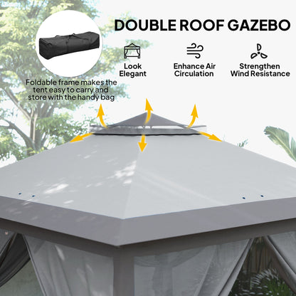 Outsunny 3.3 x 3.3m Pop Up Gazebo, Double Roof Foldable Canopy Tent with Zipped Mesh Sidewalls, Height Adjustable and Carrying Bag, Event Tent for Patio Garden, Grey