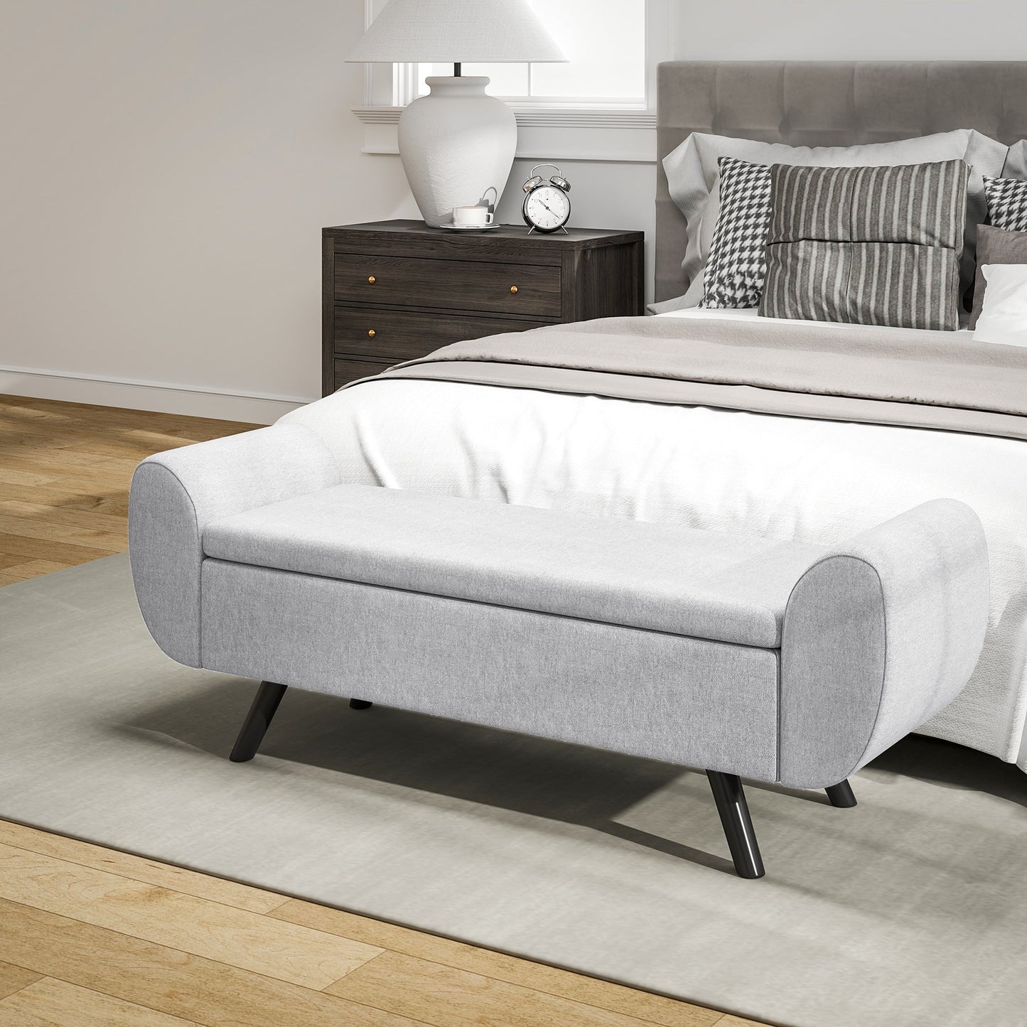 HOMCOM Storage Ottoman with Armrest, Upholstered Linen Storage Bench, Window Seat with Rubberwood Legs, Footstool for Bedroom Living Room, Hallway, Light Grey