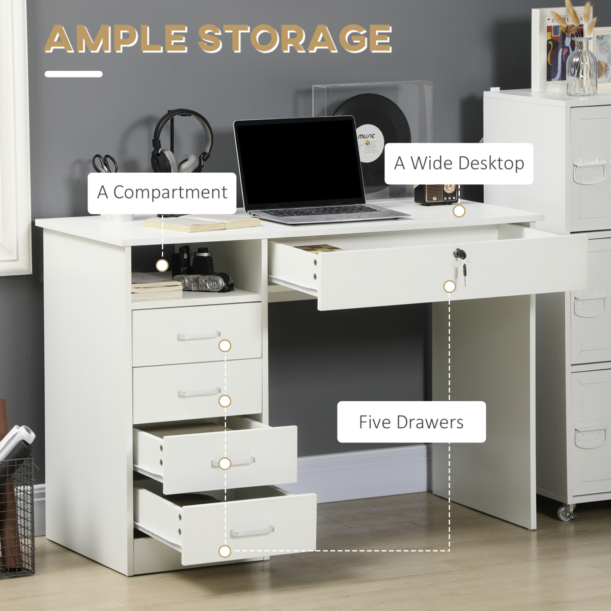 Computer Desk Writing Desk with Five Drawers for Home Office White