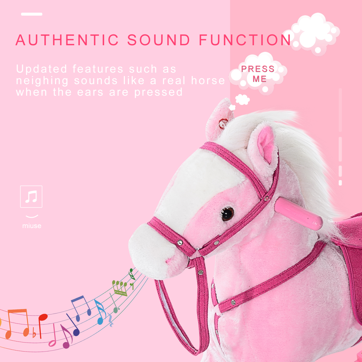 Rocking Horse Toy Plush Wood Pony Riding Rocker Neigh Sound Pink