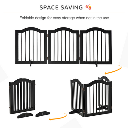 3 Panels Dog Gate w/ Support Feet Fence Safety Barrier Freestanding Wood Black