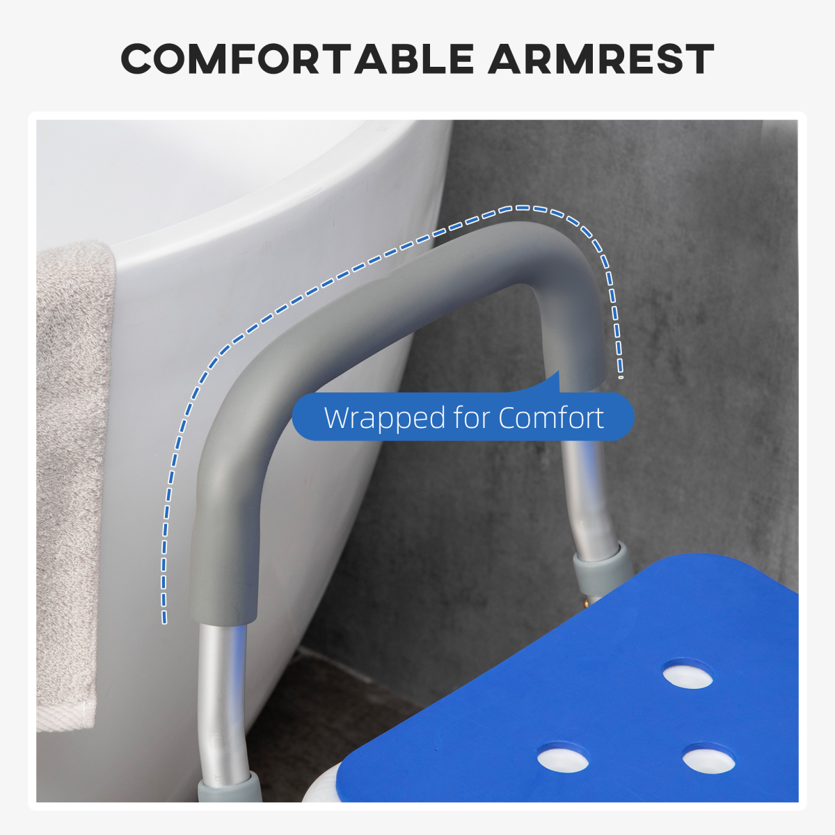 EVA Padded Shower Stool with Back and Arms 4 Suction Foot Pads Blue HOMCOM